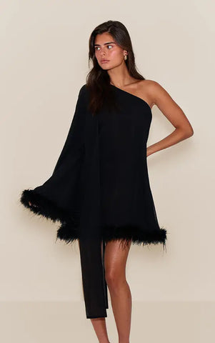 Chocolate Chiffon One Shoulder Feather Detail Shift Dress