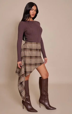 Brown Check Brushed Woven Aysmmetric Skirt