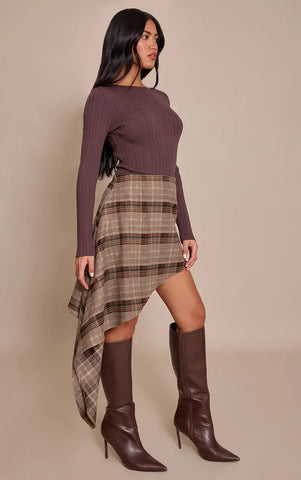 Brown Check Brushed Woven Aysmmetric Skirt