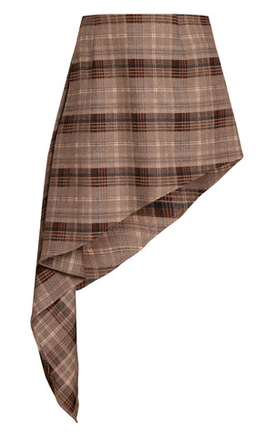 Brown Check Brushed Woven Aysmmetric Skirt
