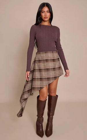 Brown Check Brushed Woven Aysmmetric Skirt