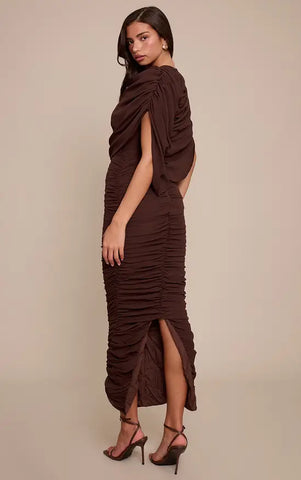 Chiffon Overlay Detail Ruched Maxi Dress
