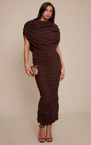 Chiffon Overlay Detail Ruched Maxi Dress