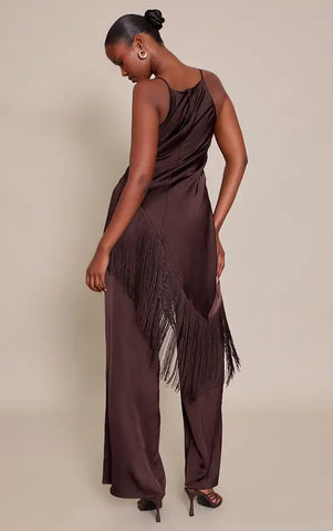 Satin Fringe Detail Jumpsuit - Black