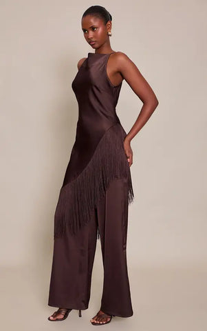 Satin Fringe Detail Jumpsuit - Black