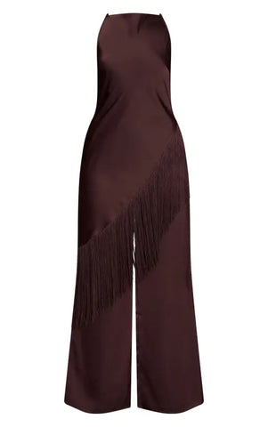 Satin Fringe Detail Jumpsuit - Black