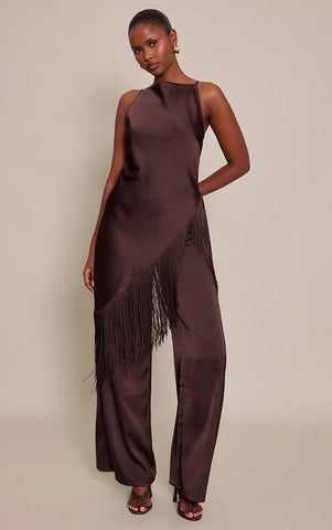 Satin Fringe Detail Jumpsuit - Black