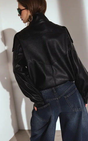 Funnel Neck Faux Leather Biker Jacket