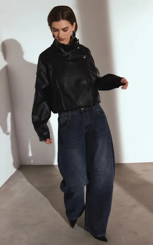Funnel Neck Faux Leather Biker Jacket