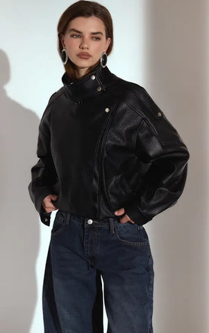 Funnel Neck Faux Leather Biker Jacket