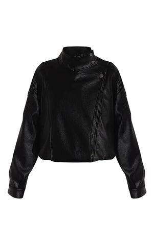 Funnel Neck Faux Leather Biker Jacket