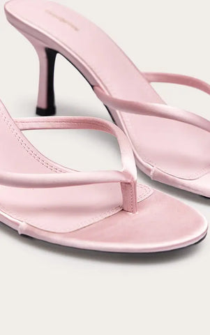 Satin Toe Thong Heeled Mules