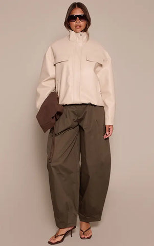 Funnel Neck Concealed Placket Faux Leather Jacket