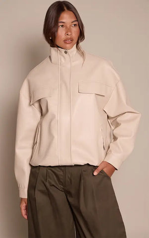 Funnel Neck Concealed Placket Faux Leather Jacket