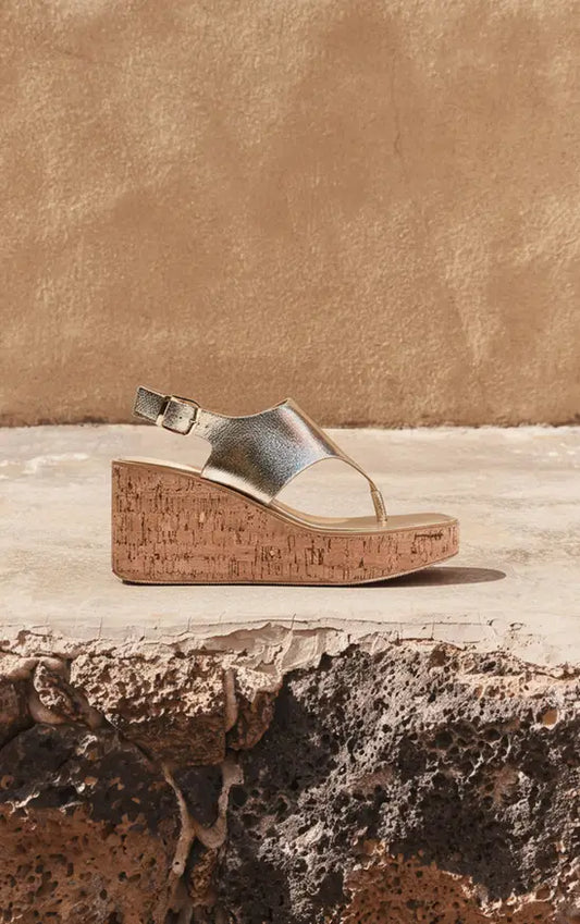 Gold High Vamp Buckle Toe Thong Cork Wedges