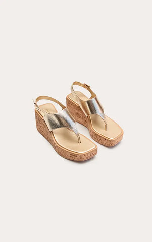 Gold High Vamp Buckle Toe Thong Cork Wedges