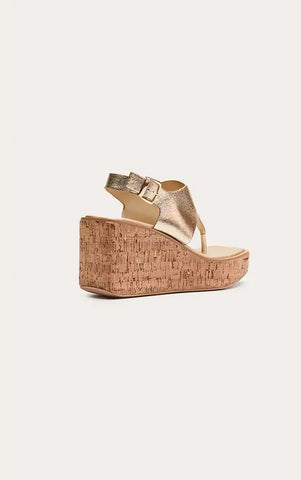 Gold High Vamp Buckle Toe Thong Cork Wedges