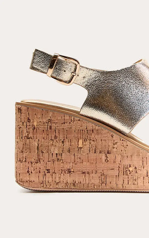 Gold High Vamp Buckle Toe Thong Cork Wedges