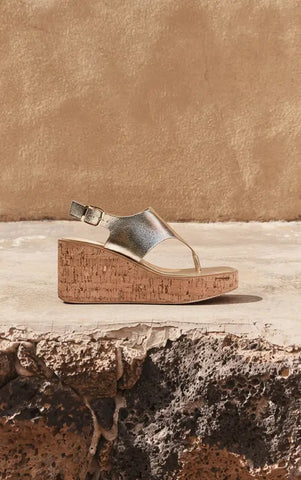 Gold High Vamp Buckle Toe Thong Cork Wedges