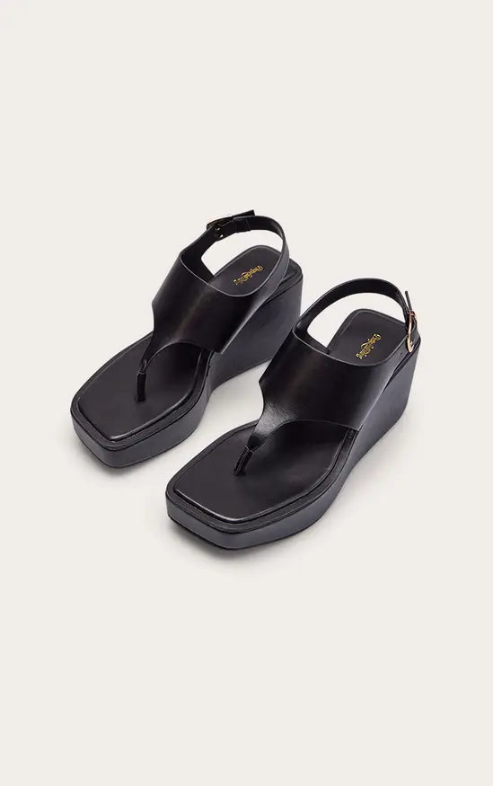 High Vamp Buckle Toe Thong Wedges