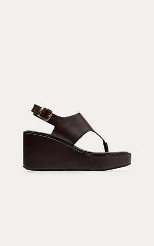 Chocolate Faux Leather Buckle Toe Thong Wedges
