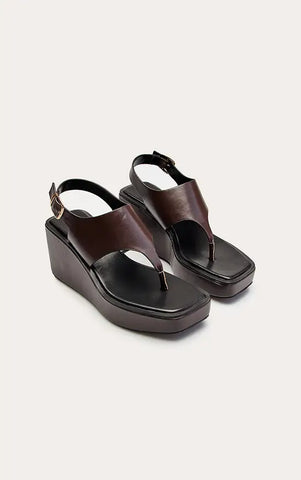 Chocolate Faux Leather Buckle Toe Thong Wedges