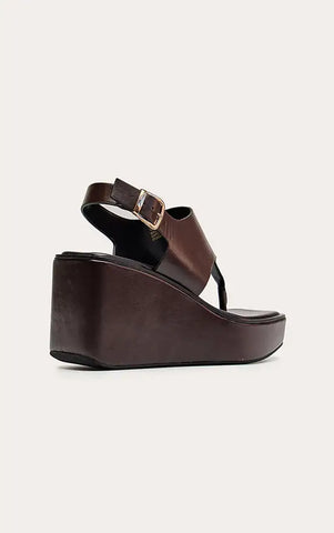 Chocolate Faux Leather Buckle Toe Thong Wedges