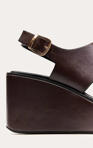 Chocolate Faux Leather Buckle Toe Thong Wedges