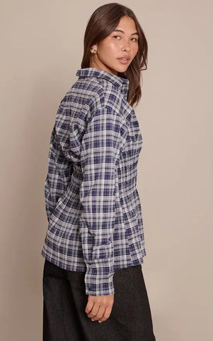 Brown Check Shirred Waist Shirt