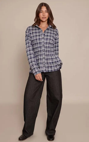 Brown Check Shirred Waist Shirt