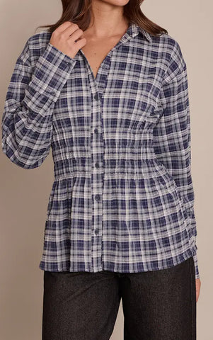 Brown Check Shirred Waist Shirt