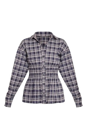 Brown Check Shirred Waist Shirt