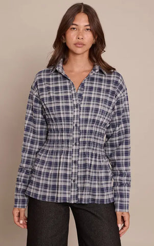 Brown Check Shirred Waist Shirt