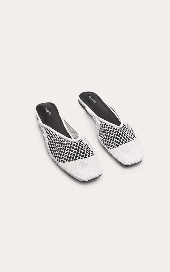 White Fishnet V Cut Mule Ballet Flats
