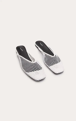 White Fishnet V Cut Mule Ballet Flats