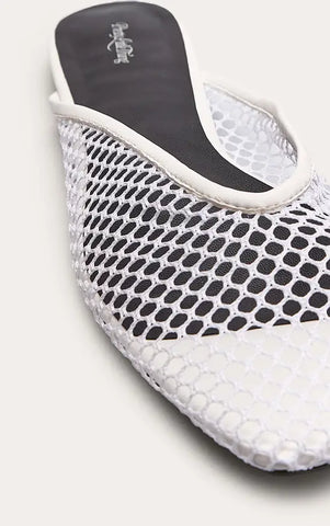 White Fishnet V Cut Mule Ballet Flats