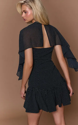 Chiffon Mini Polka Dot Cape Detail Bandeau Frill Hem Mini Dress