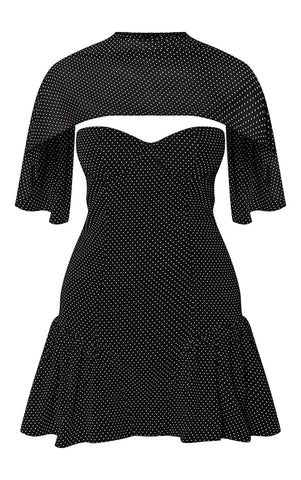 Chiffon Mini Polka Dot Cape Detail Bandeau Frill Hem Mini Dress