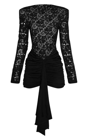 Lace Extreme Shoulder Ruched Slinky Bodycon Dress