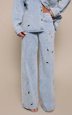 Mid Blue Embroidery Detail Wide Leg Jean