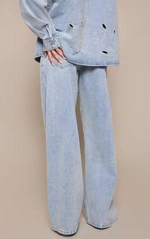 Mid Blue Embroidery Detail Wide Leg Jean