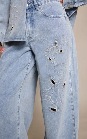 Mid Blue Embroidery Detail Wide Leg Jean