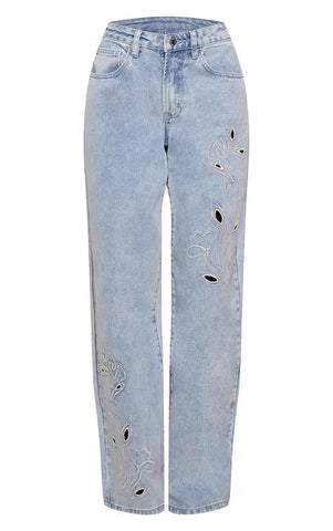 Mid Blue Embroidery Detail Wide Leg Jean