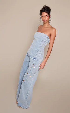 Mid Blue Embroidery Detail Wide Leg Jean