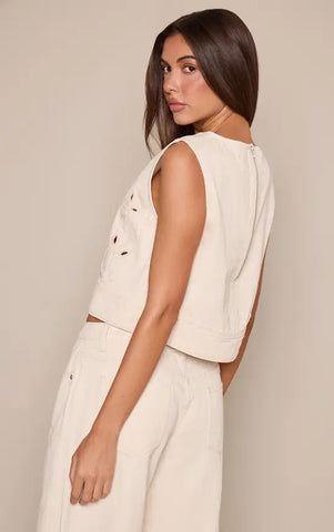 Ecru Floral Embroidery Cut Out Detail Denim Tabard Top