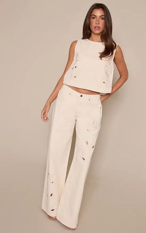Ecru Floral Embroidery Cut Out Detail Denim Tabard Top