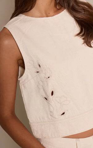 Ecru Floral Embroidery Cut Out Detail Denim Tabard Top