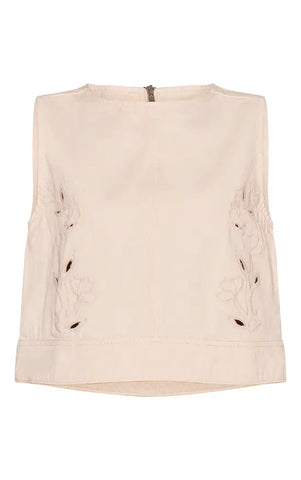 Ecru Floral Embroidery Cut Out Detail Denim Tabard Top