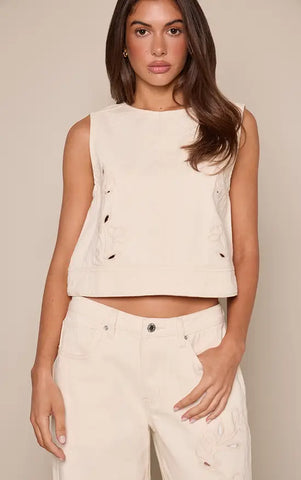 Ecru Floral Embroidery Cut Out Detail Denim Tabard Top