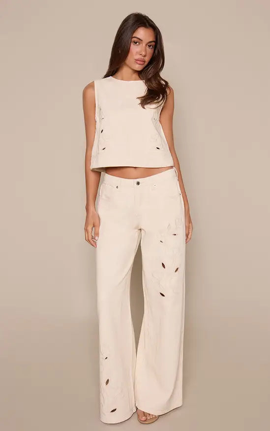 Ecru Floral Embroidery Cut Out Detail Wide Leg Jean